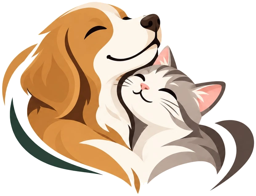 Ein Hund und eine Katze kuscheln zufrieden mit geschlossenen Augen – die Pativia-Maskottchen.